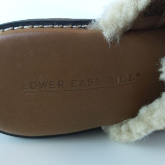 Lower East Side camel color faux suede wedge heel clogs with faux fur - Picture 13 of 15